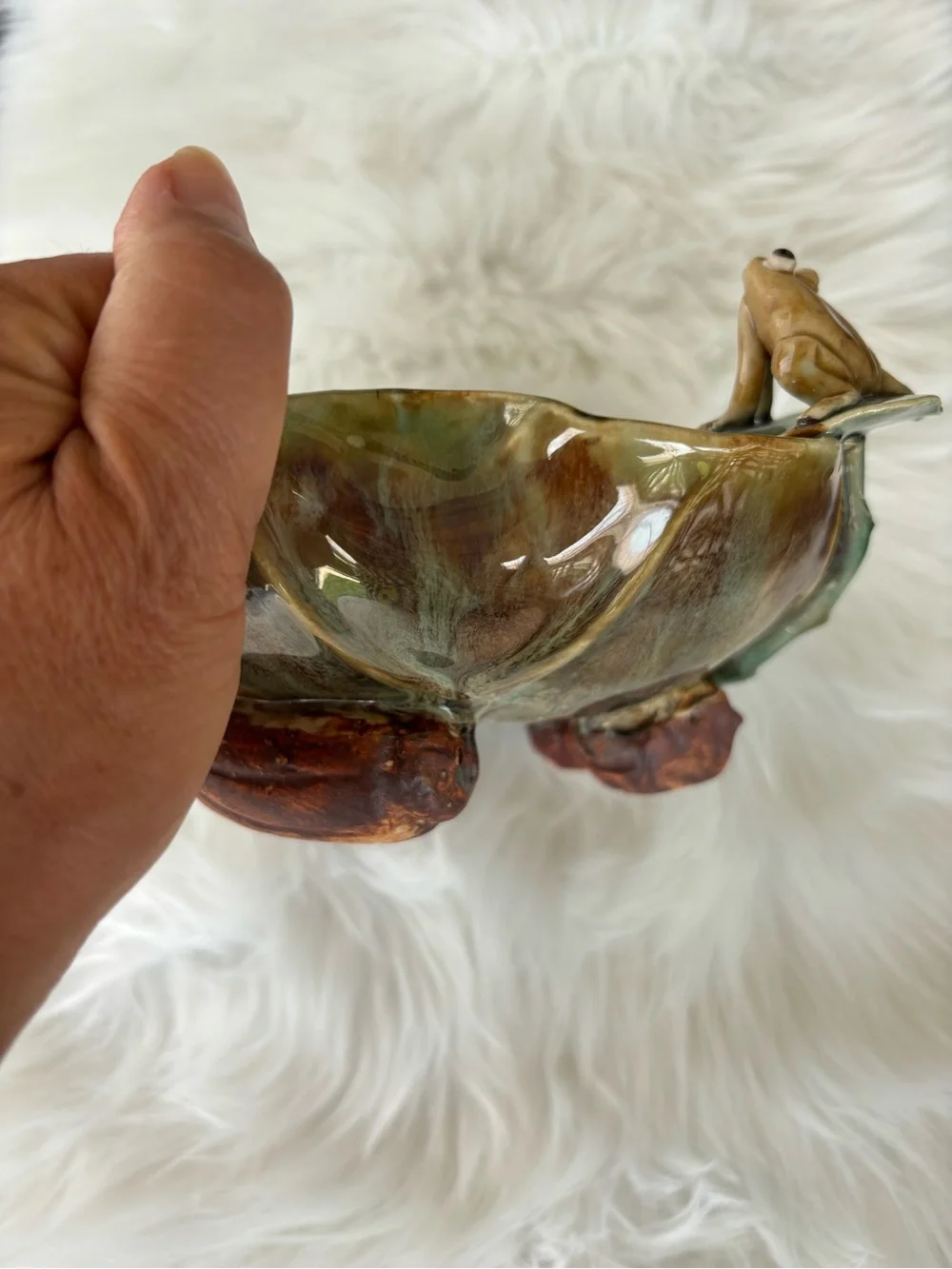 Vintage Majolica Ceramic Frog Accent Serving Bowl in Green and Brown